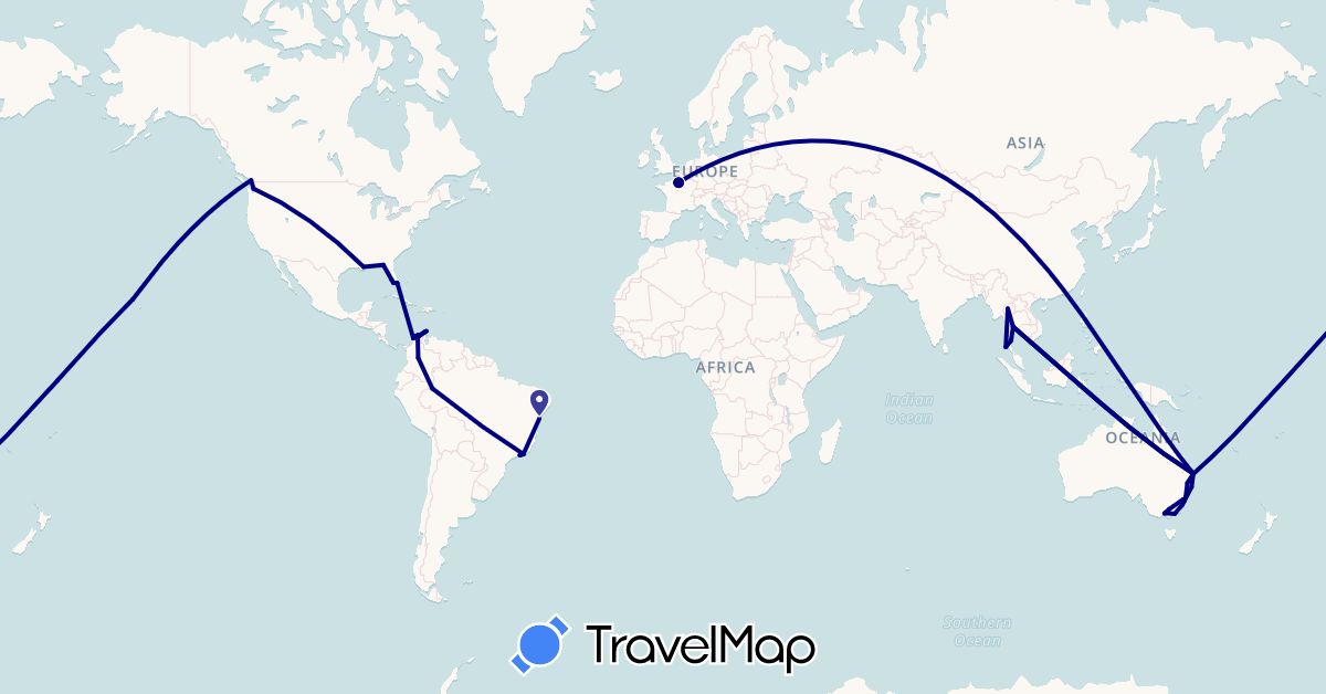 TravelMap itinerary: driving in Australia, Brazil, Canada, Colombia, France, Thailand, United States (Asia, Europe, North America, Oceania, South America)